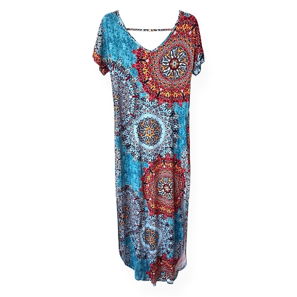 3/$20 💥Short Sleeve Maxi Dress Boho Colorful Mandala Print Pockets Stretch Beach